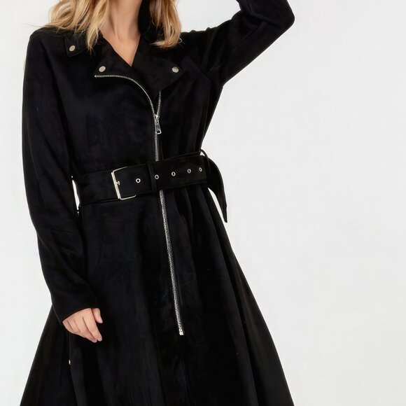 Waist Belt Tacked Faux Suede Coat Solid Coat - Picture 2 of 4